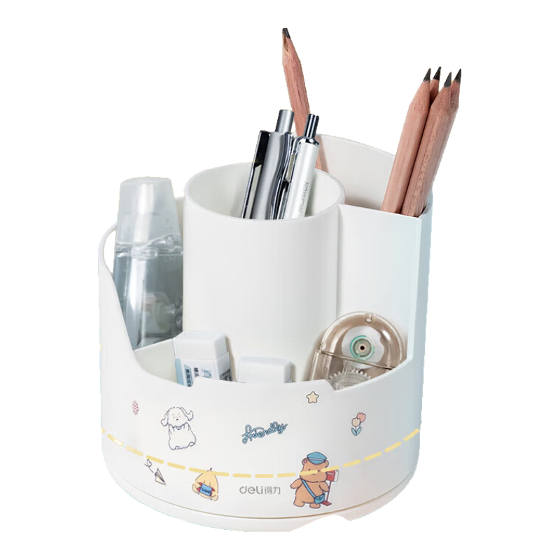 Deli Multifunctional Rotating Pen Holder with Compartments, Large Capacity Desktop Storage Box, Phone Stand, Office Supplies, Rotatable White PK414