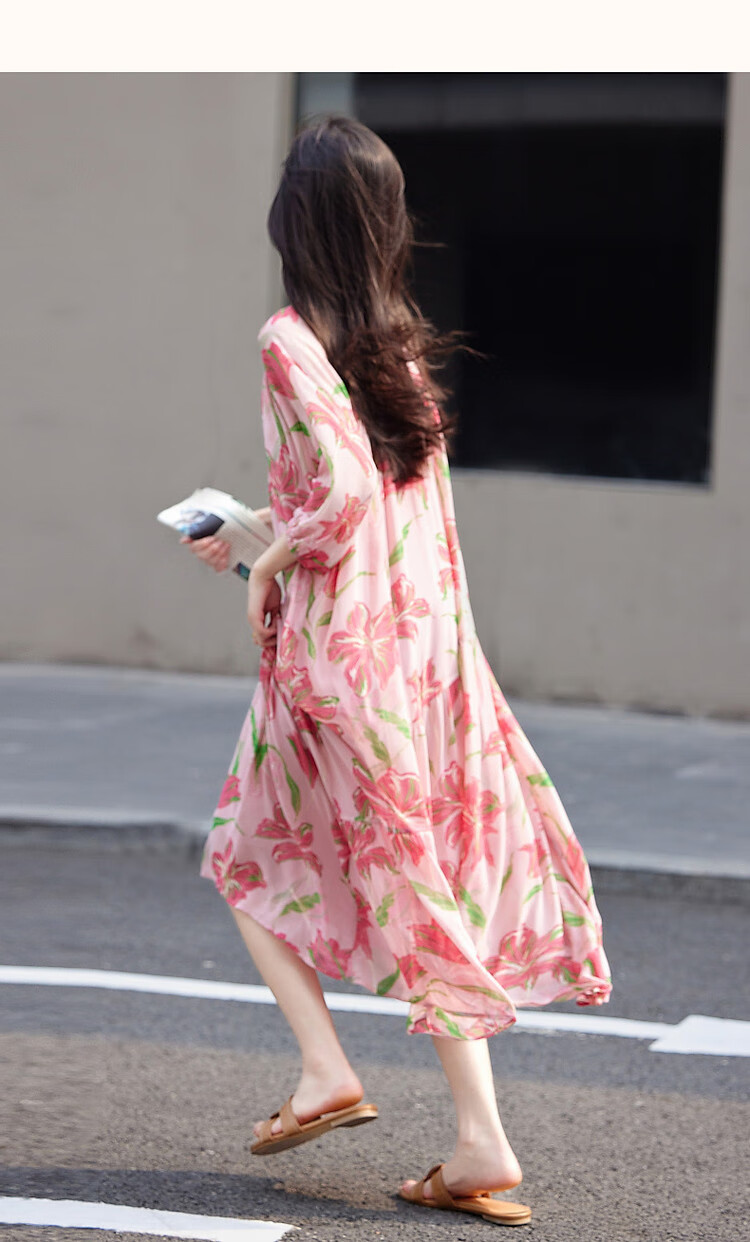 Dme [Go to The Beach for Vacation], Summer French-Style Lantern Sleeve, Large Print Tie, Chiffon Midi Dress for Wome 9