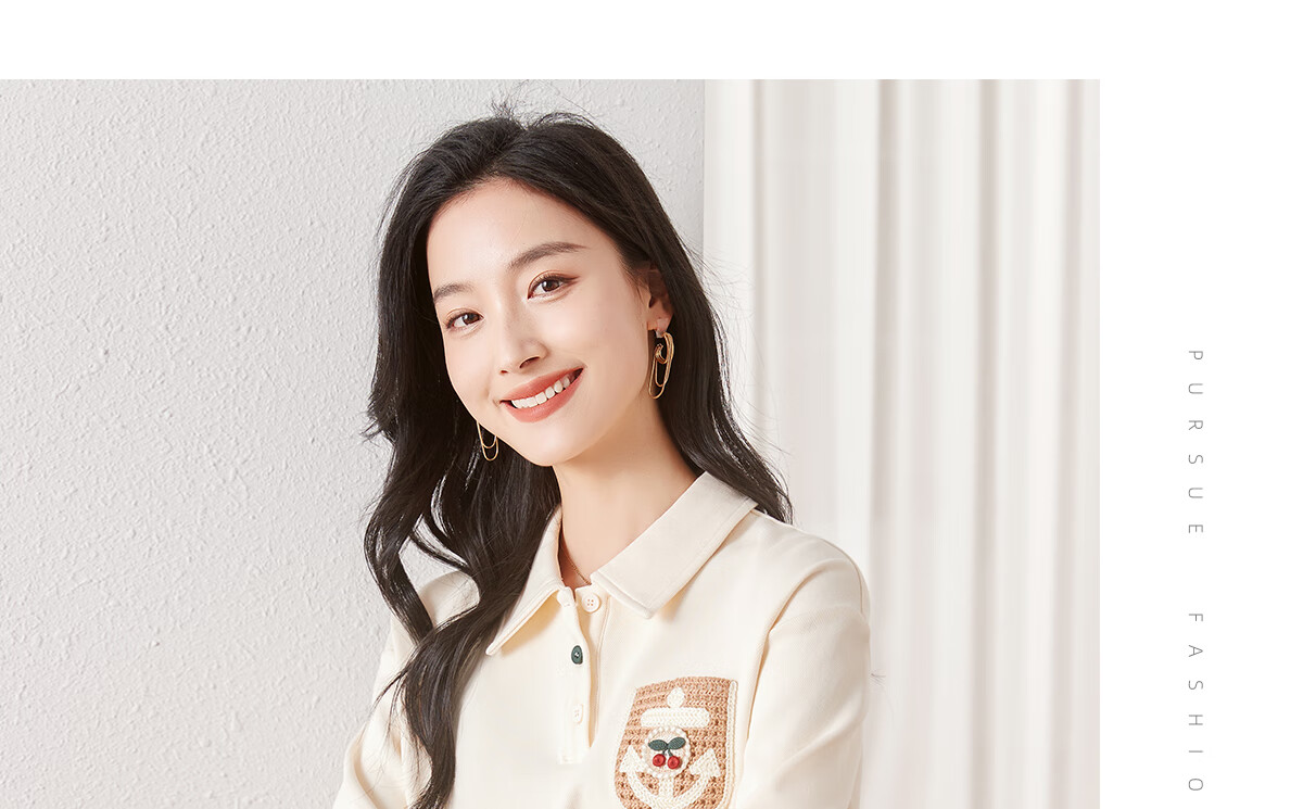 Chushen Women's Spring And Autumn Sweatshirt, College Style POLO Collar, Cherry Decoration, Loose Casual Top, S13KW1097 9