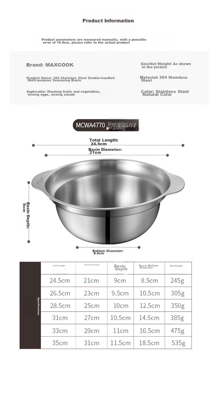 MAXCOOK Stainless Steel Bowl Set of Three, Extra Large And Thick Seasoning Bowl, Dough Mixing Bowl, Vegetable Washing Bowl, And Seasoning Bowl Set MCWS-3 9