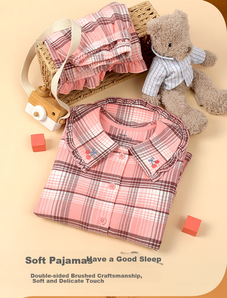 Hodohome Boys' Plaid Cotton Pajamas Set, Brushed Collar Lapel Cardigan Long Sleeve Sleepwear 501 140 4
