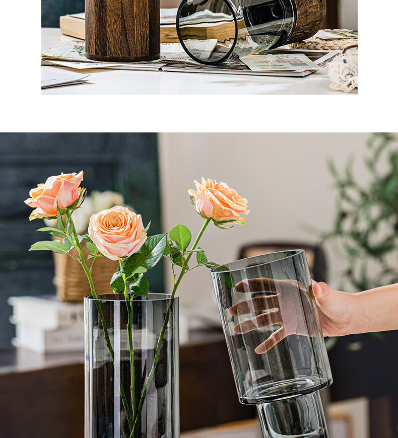 Mudingding Wooden Glass Art Vase, Nordic Light Luxury Minimalist Style, High-End Wooden Base, Water Planting Vase, Gift 2