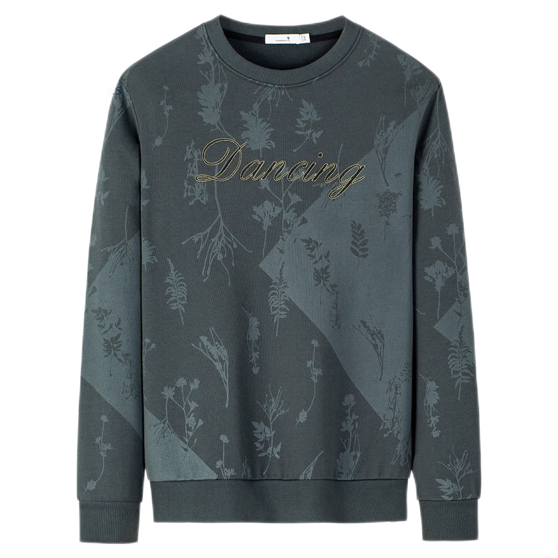 DANCING WOLVES [National Trend Floral] Exquisite National Trend Plant Print Casual Men's Crew Neck Sweatshirt, 002 Dark Gray, Size 185