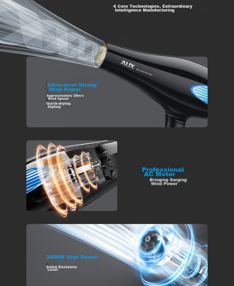 AUX Hair Dryer with Blue Light Negative Ions, 2400W High Power, Gentle on Hair, Electric Fan Blower for Home Use, Professional Salon Use 3