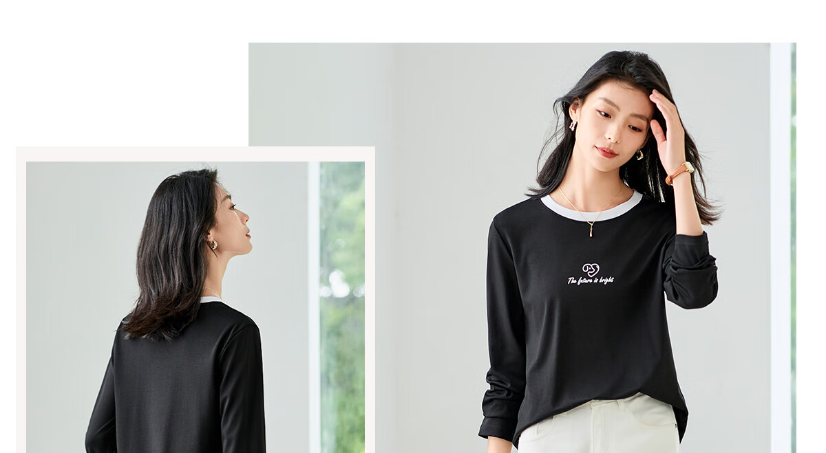 Chushen Women's Spring and Autumn Long Sleeve T-Shirt Pure Cotton Basic Loose Letter Print Crew Neck Top S143T2013 13