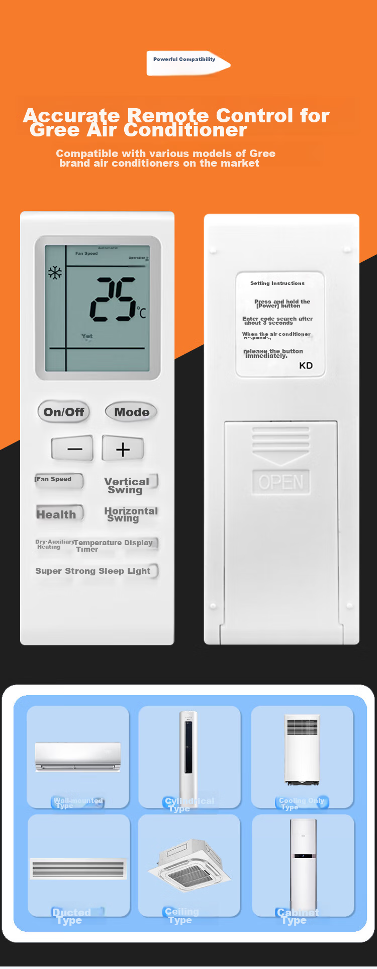 Jinying Suitable for Gree Air Conditioner Remote Control, Wall-Mounted Unit, Central Air Conditioning, Ceiling-Mounted Unit, Etc., Compatible with All Models YBOF2 YADOF YAPOF YAPOF3 Universal, Battery Included 3