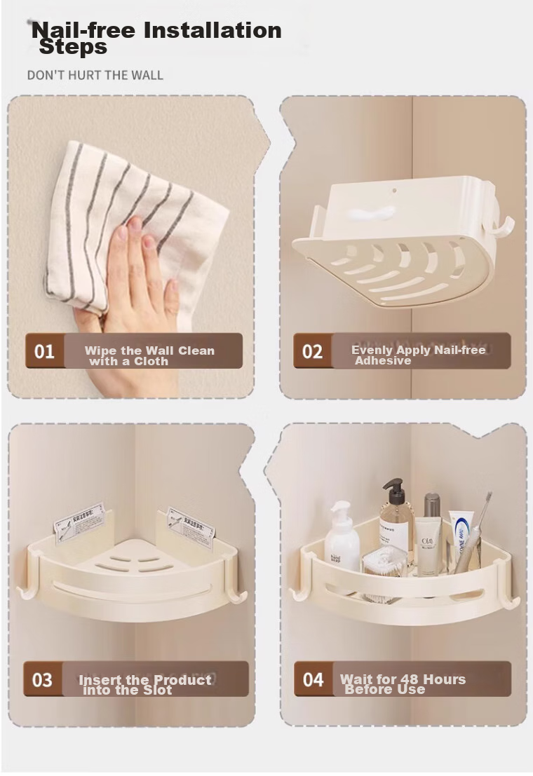 Jiashigao Bathroom Storage Rack, No Drilling Required, Space Aluminum Corner Shelf, Cream White, Drip-Draining Wall-Mounted 8