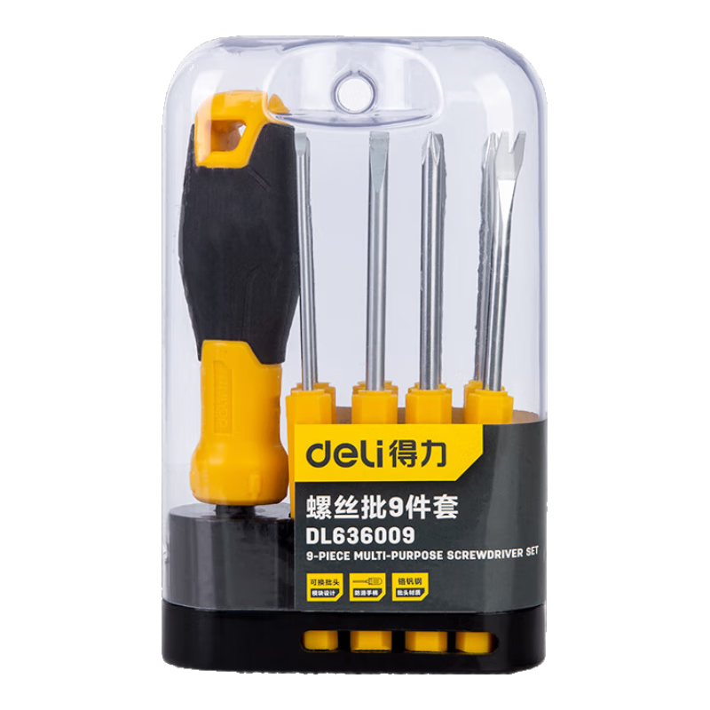 Deli Multi-Purpose Screwdriver Set, Chrome Vanadium Steel Screwdriver Set, 9-Piece Set DL636009
