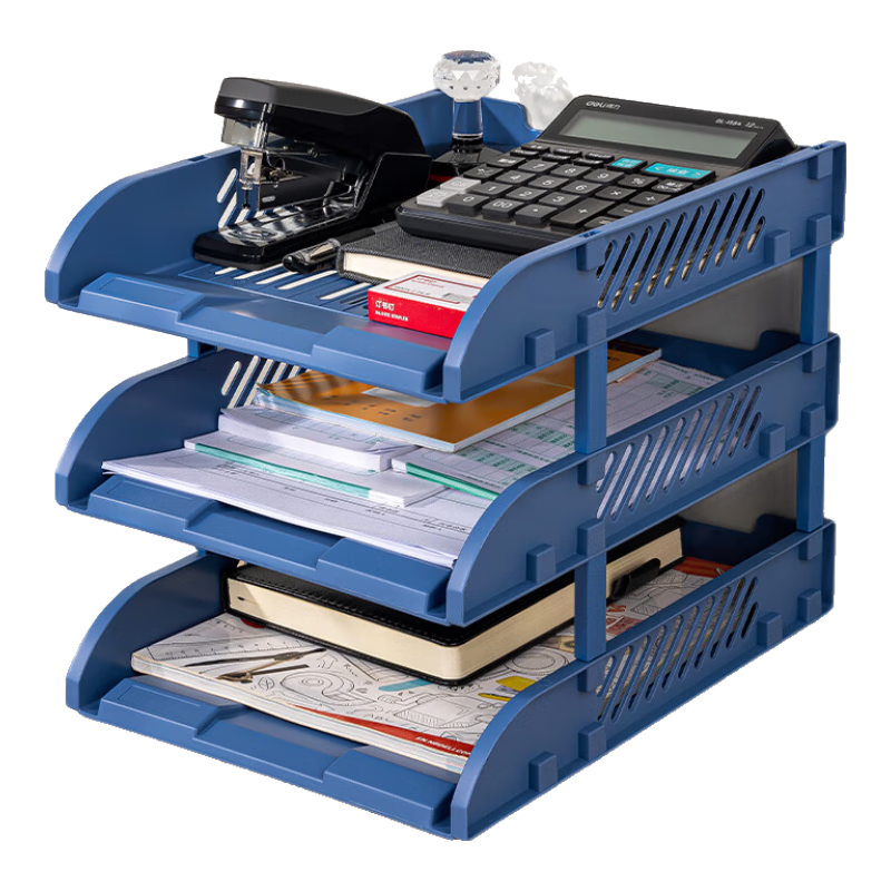 Deli Three-Tier Hollow Storage File Organizer, Detachable And Assemblable, Three-Layer File Tray/file Holder, Sturdy And Durable Desktop File Storage Box, File Organizer Rack Management, Blue