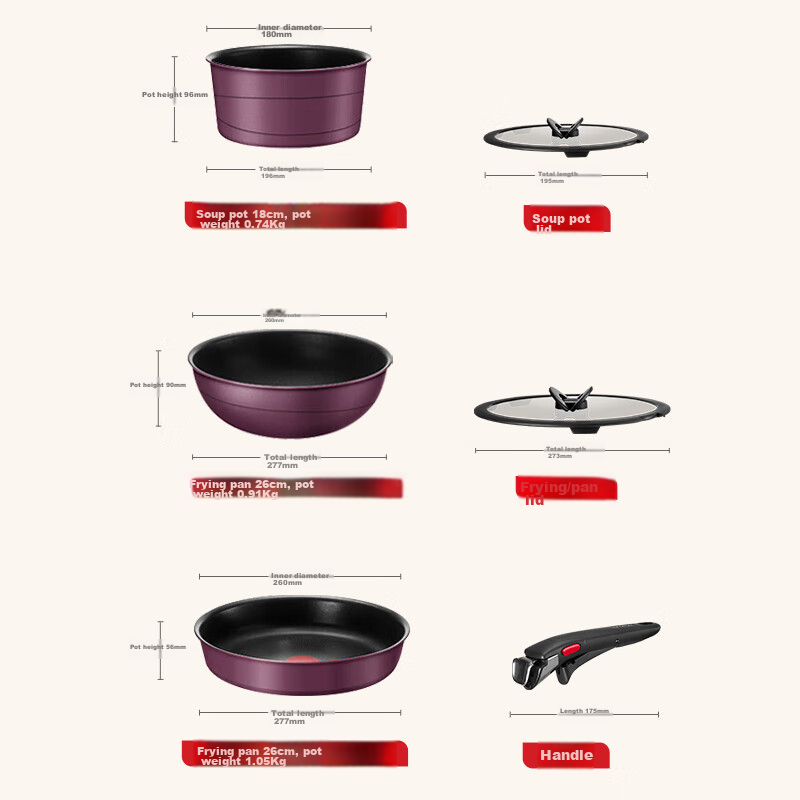 Tefal Cookware Set, Non-Stick Pan, Versatile Pot, Cast Aluminum Red Heart, Detachable Frying And Stir-Frying Pan, Titanium-Coated Non-Stick Pan, Six-Piece Set for Home Use