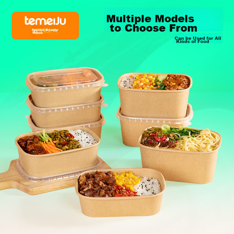 Temeiju Disposable Paper Food Containers, Thickened Biodegradable Takeout Boxes with Lids, Picnic Utensils, 20 Sets, 500ml Capacity
