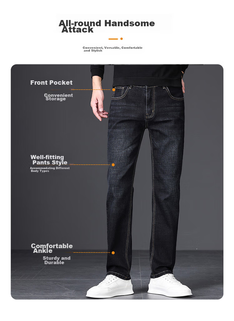 PLAYBOY Jeans for Men, Autumn Casual Pants, Loose Straight-Leg Trendy Menswear Trousers, Dark Blue, Size 32 1