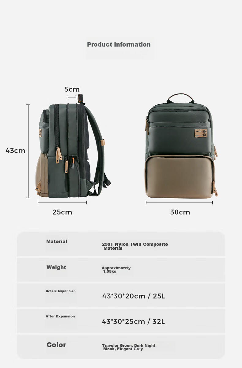 Echolac Backpack, Large Capacity Expandable Laptop Bag, Travel Backpack, Gift for Boyfriend, CKP658 Army Gree 4