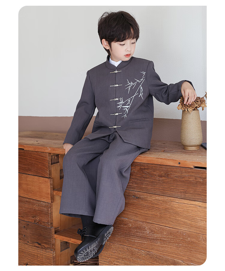 LUOBOBEIBEI Boys' New Chinese Style Ethnic Jacket Children's Traditional Tang Suit Performance Outfit Black Two-Piece Set 160 3