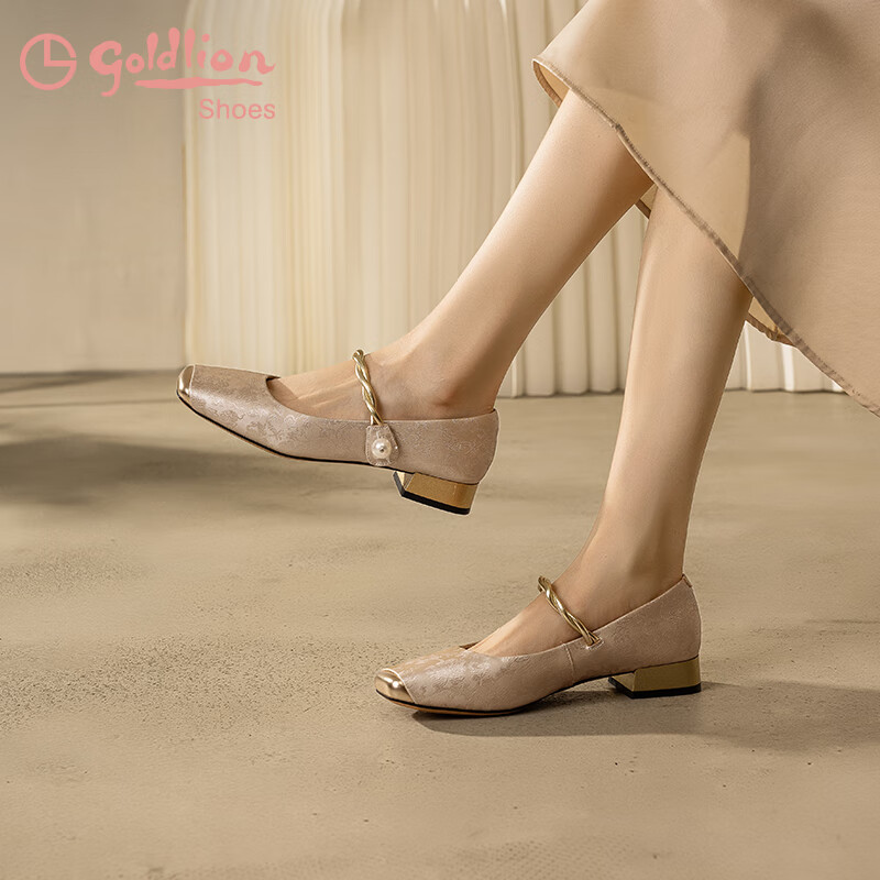 Goldlion Women's Shoes, New Chinese-Style National Fashion Flats, Chunky Heel, Color-Block Mary Jane Shoes, G686430283, Champagne Color, Size 37