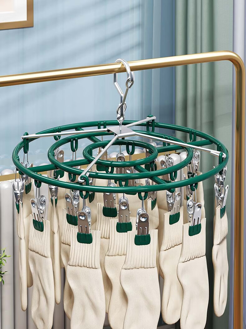 MUYA Stainless Steel Sock Rack, 24 Clips, Windproof And Non-Slip, Plastic-Coated Aluminum, Multi-Clip Clothes Hanger for Home Use 1