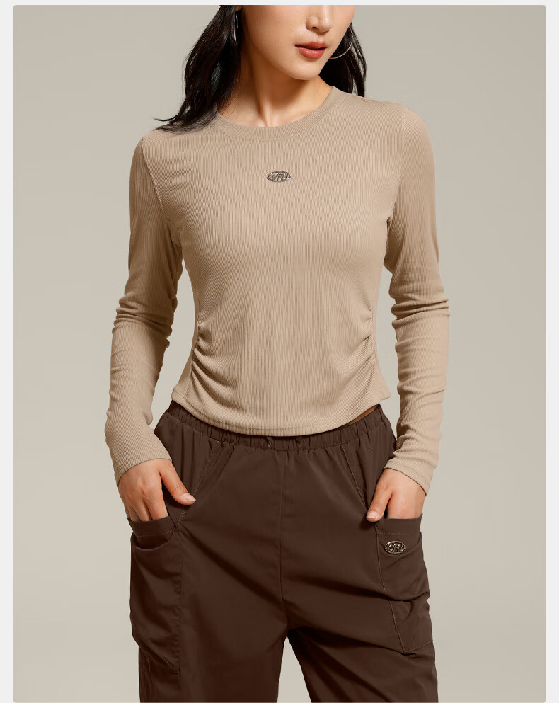VFU Quick-Dry Women's Yoga Top, Outdoor Sun Protection, Moisture-Wicking Running Fitness Wear, Autumn Season, Roasted Milk Apricot Color, Size M 15