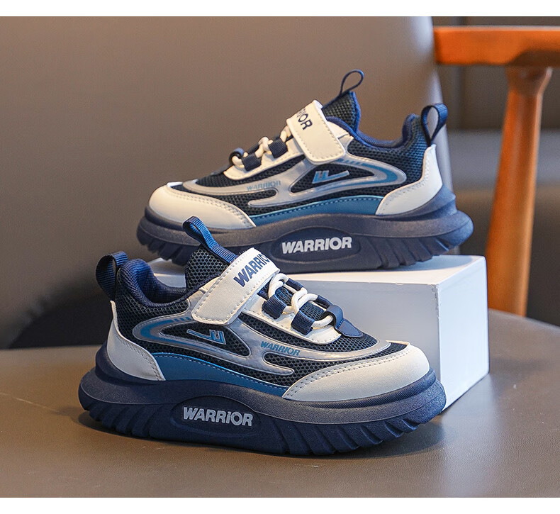 Warrior Boys' Shoes, Spring And Autumn Style, Mesh Breathable Soft-Soled Children's Sneakers WZ(CL)-0965, Navy Blue/beige/light Blue, Size 33 4