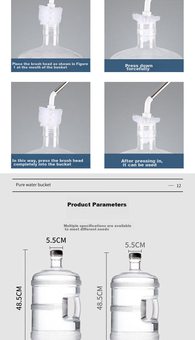 BJ Pure Water Bucket, Food-Grade PC Mineral Water Bucket Drinking Water Bucket, Bottled Water Dispenser Portable Transparent Water Bucket, Large Capacity 11.3L + Water Bucket Brush 10