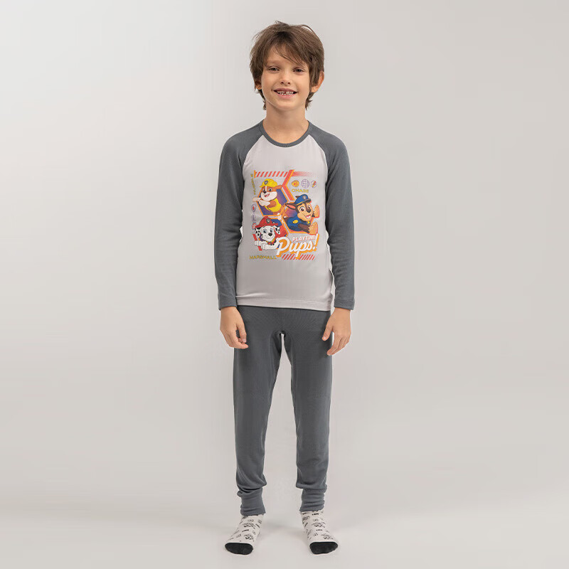 Aimer Kids Small Heater [Medium Warmth] Thermal Underwear for Boys, Paw Patrol Moisture-Wicking Heat-Generating Autumn Top And Pants Set, Gray Base, Size 130