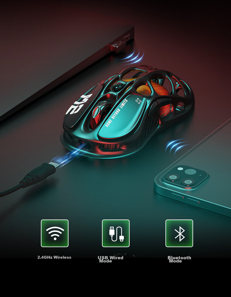 GravaStar Chrysalis Wireless/Wired Bluetooth Gaming Mouse for Home And Office, Lightweight Hollow-Out 3395 Long Battery Life Rechargeable RGB Lighting Liquid Black 8