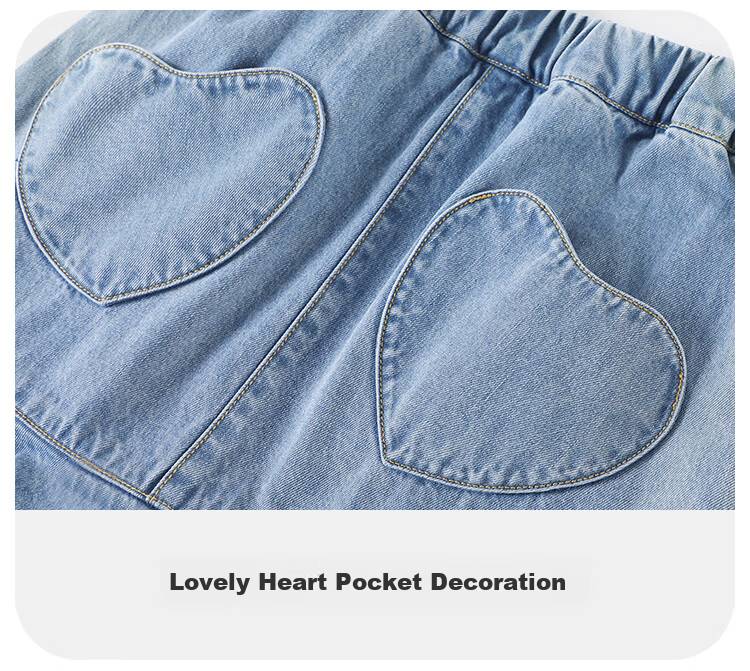 QQ DUCK Girls' Short Denim Skirt Summer Wear for Children And Teenagers, Heart Pattern Light Blue; Size 150 3