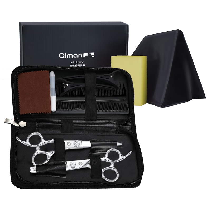 Qiman Professional Hair Cutting Scissors, Hair Trimming Scissors, Bangs Scissors, Straight Scissors, Sideburn Scissors, Salon And Home Use Thinning Scissors, Complete Set of Hair Cutting Tools QM06 Set