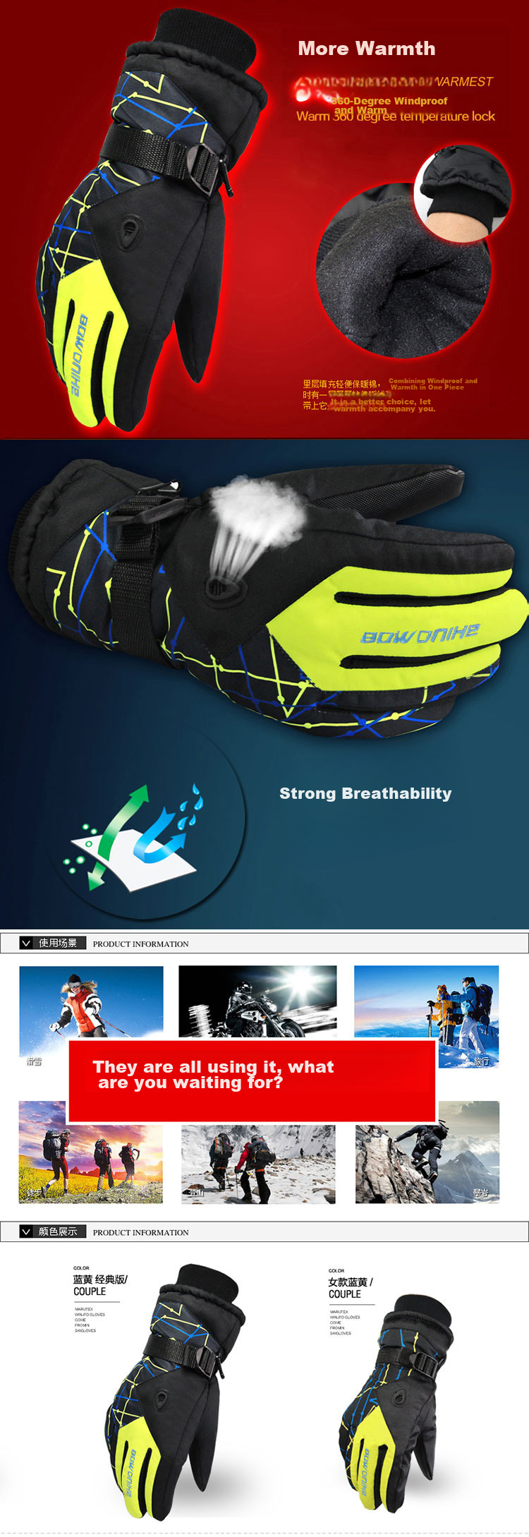 BWNK Winter Warm Gloves, Men's Windproof And Waterproof, Cycling Gloves, Sports Skiing Gloves, Lake Blue Color 1