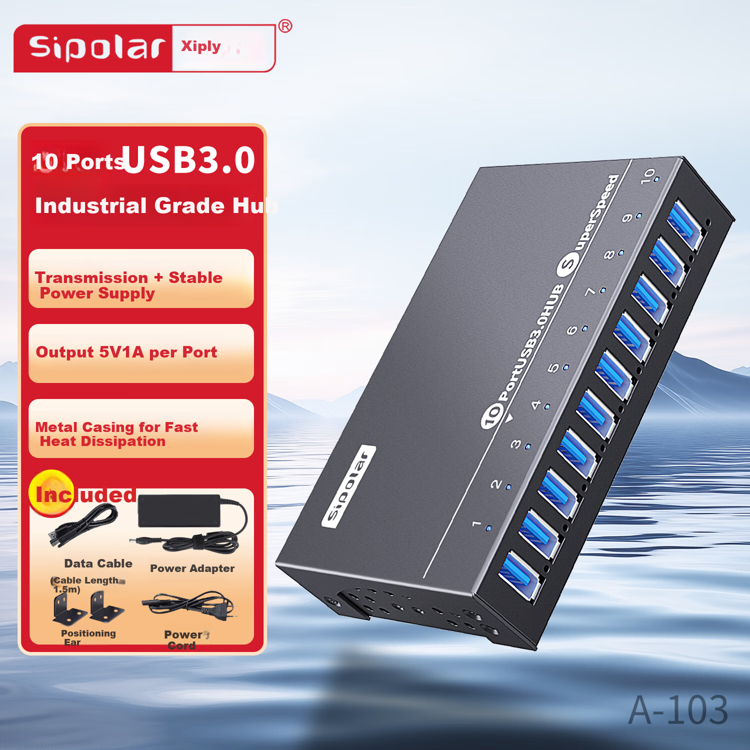 SIPOLAR USB3.0 Expansion Dock, 60W Power Supply, High-Speed Transmission Hub, 10-Port HUB Industrial Grade A-103 (1.4 Meters), Hub for Phones And Hard Drives, Bulk Processing, Single Port 1A Group Control
