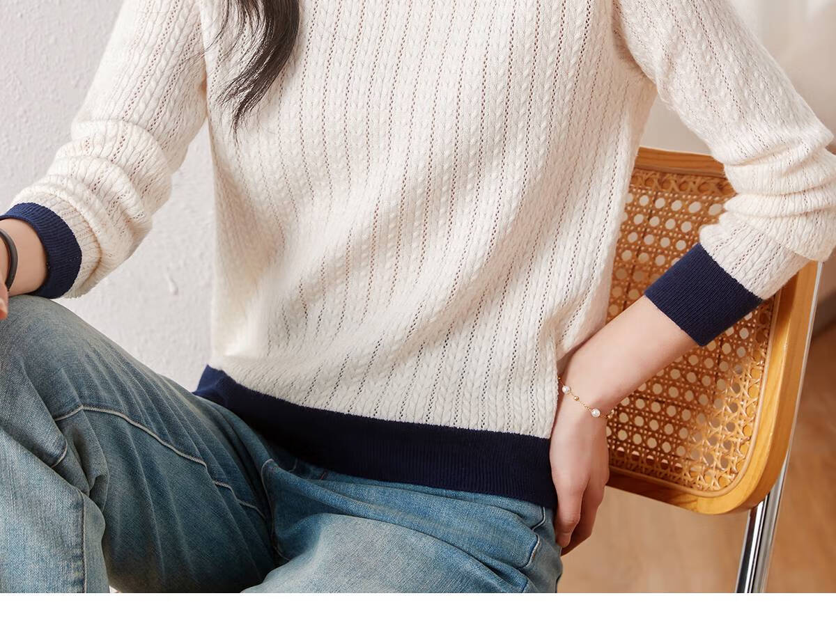 Chushen Spring And Autumn Knitted Sweater for Women, Fashionable Color-Block Round Neck Pullover Versatile Sweater Top S13KZ3554 White 19