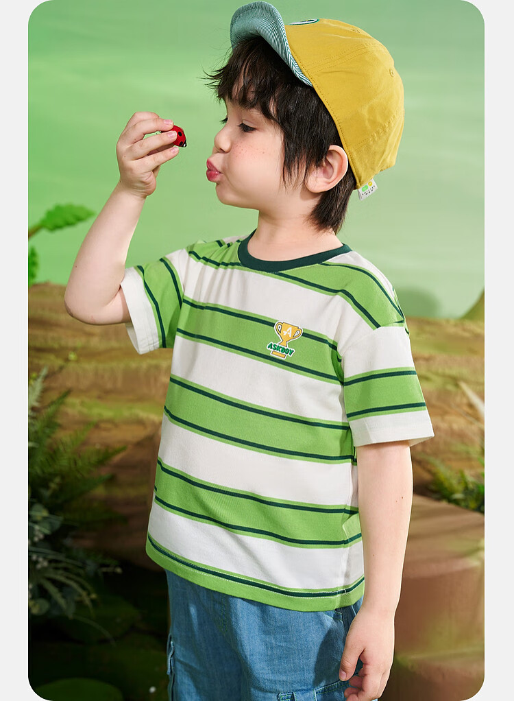 ASK JUNIOR Boys' Short-Sleeve T-Shirt, Summer Wear for Young Children, Comfortable Breathable Letter Print Casual Striped Undershirt for Kids, Size 110 4