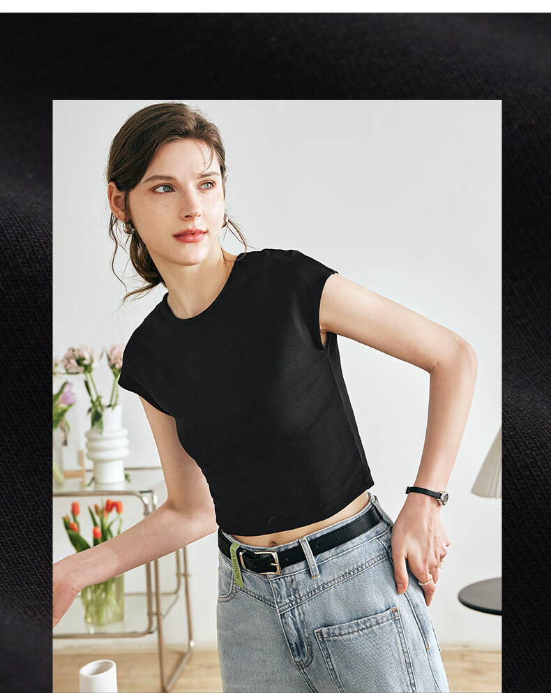 Olrain Cool Small Cap Sleeve Slim Fit Short Sleeve T-Shirt Summer Women's Short Top High Elastic Inner Wear Black S 7
