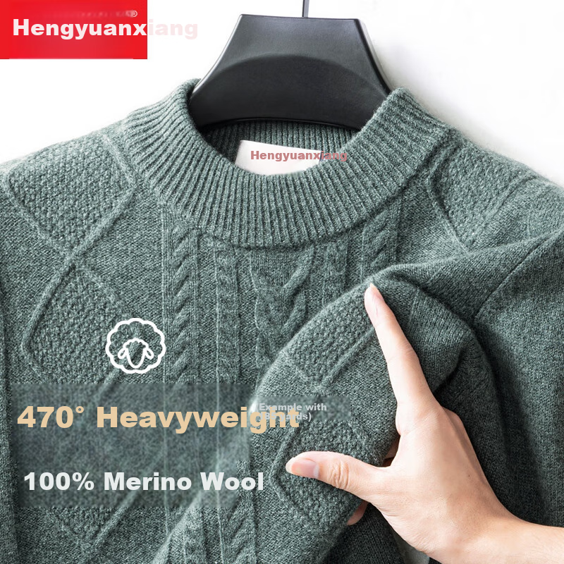 Мужской свитер Hengyuanxiang из 100% чистой шерсти, новый зимний стиль, полуворотник, толстый теплый вязаный базовый слой для молодых и людей среднего возраста