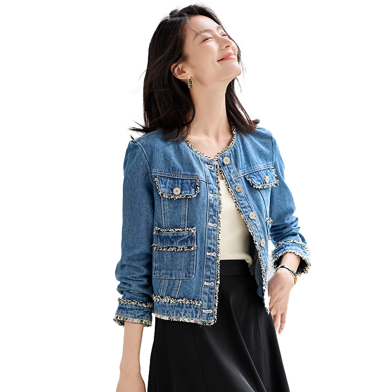 Chushen New Retro Style Women's Denim Jacket Straight Cut Frayed Edge Chanel Style Short Jacket S143U5003