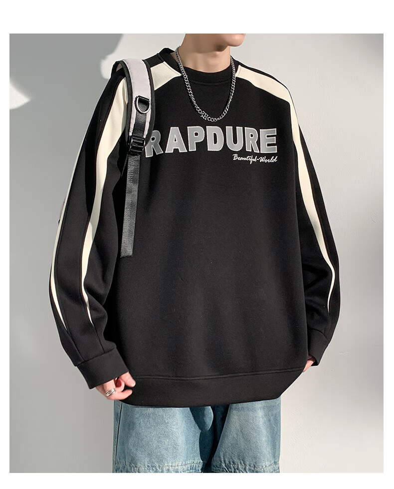 Dingfengbaoluo American-Style Sweatshirt for Men, Spring Vintage Long-Sleeve T-Shirt, Trendy Color-Block Patchwork, Loose Round Neck, DFL02 Black M 4