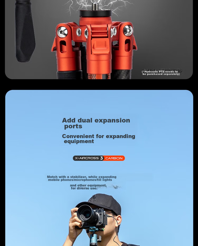 Fotopro Air Three Dual Panoramic Carbon Fiber Camera Tripod for Mirrorless And DSLR Photography And Videography, Deep Blue, Weight/0.9KG, Phone Clamp 24