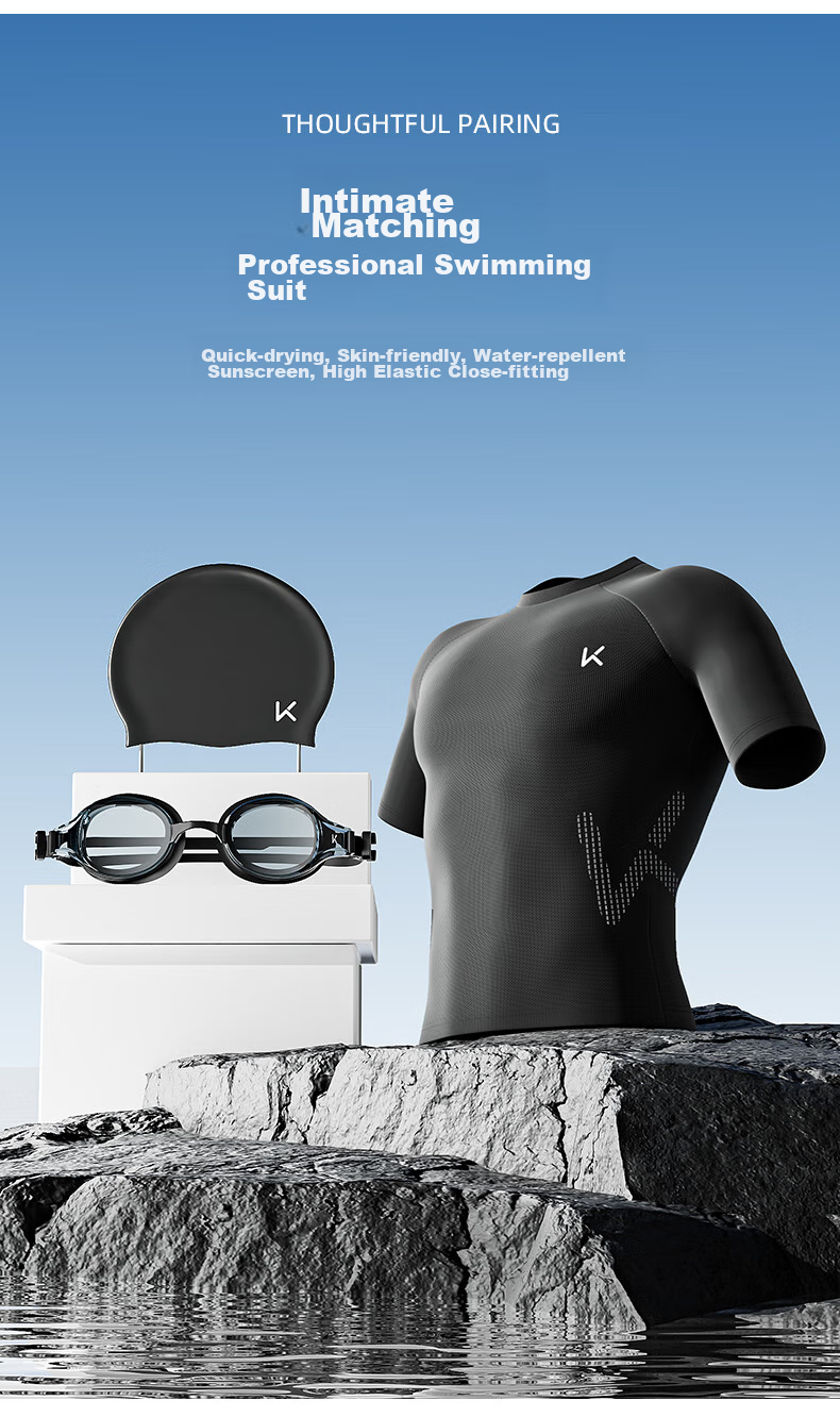 Keep Men's Short-Sleeve Swimsuit Top, Quick-Dry, Anti-Embarrassment, Professional Hot Spring Surfing Suit, Swimming Gear, Black, XXXL 7