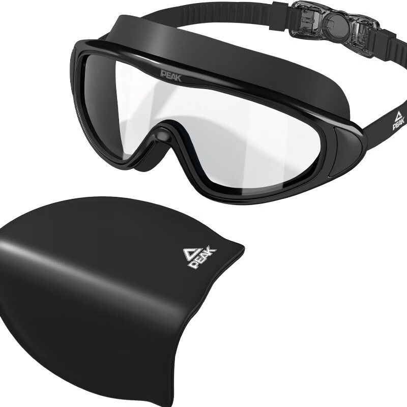 PEAK Adult Swimming Goggles And Swim Cap Set for Men And Women, Diving Equipment, Waterproof Anti-Fog High-Definition Large Frame Goggles And Cap Set, 400 Degree Black