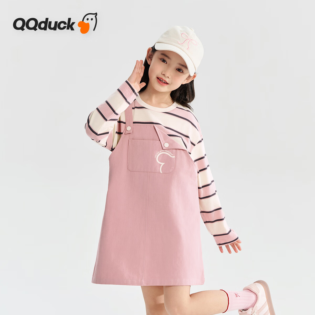 QQ DUCK Children's Clothing, Girls' Dress, Autumn 2026, Striped Suspender Dress with Fake Two-Piece Design, Stylish Student Outfit, Pink, Size 130