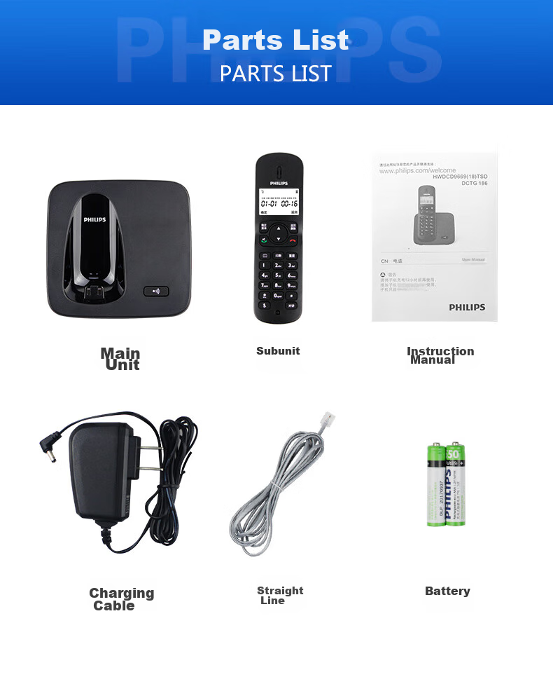 PHILIPS Cordless Telephone, Wireless Landline Phone, Parent-Child Handset, for Office And Home Use, White Backlit Screen, Long Standby Time, DCTG186 (1+2) Black 14