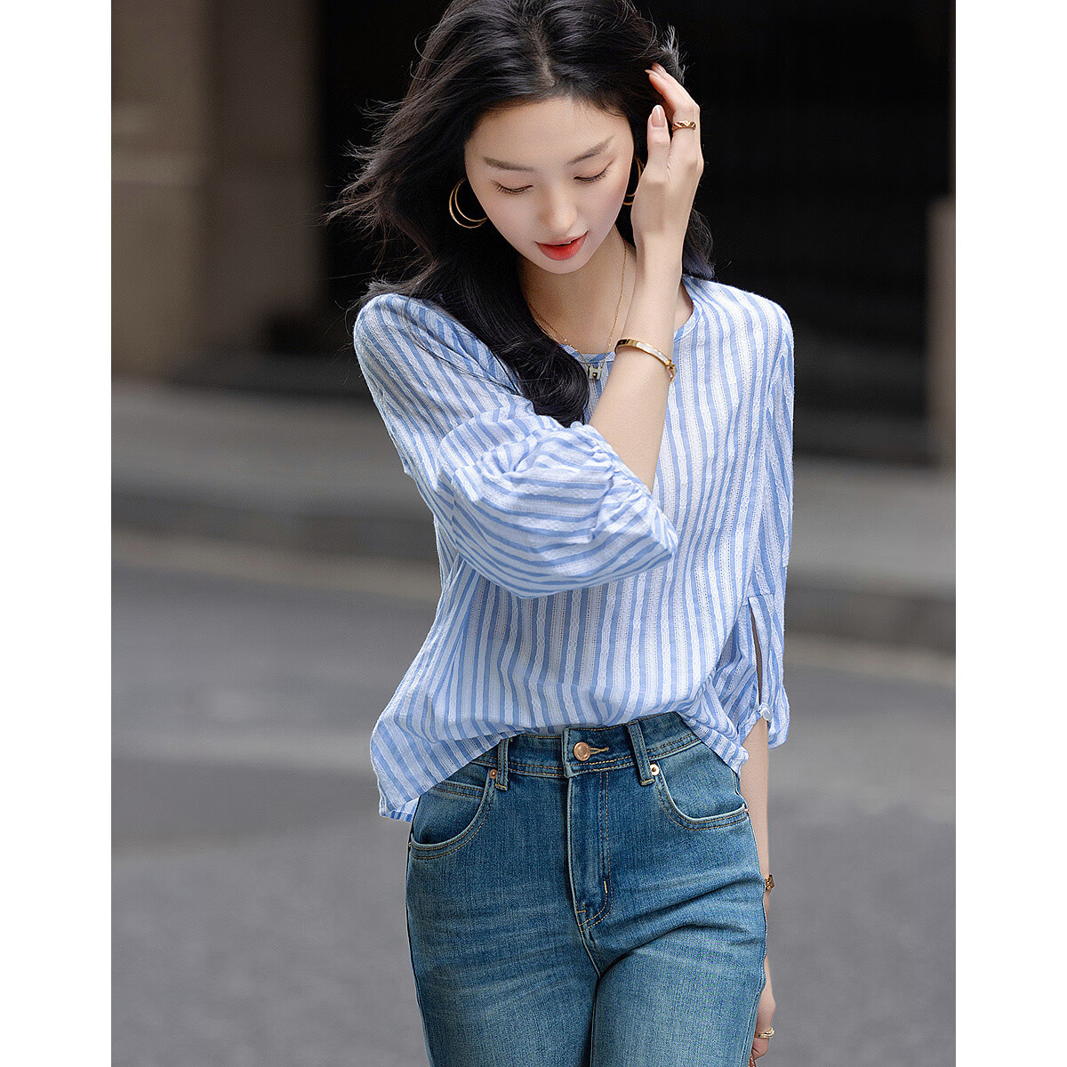 Dme [Pure Cotton Story] Spring Simple Style Hollow Striped Shirt, Artistic Comfortable Concealing Blouse, Women's Top