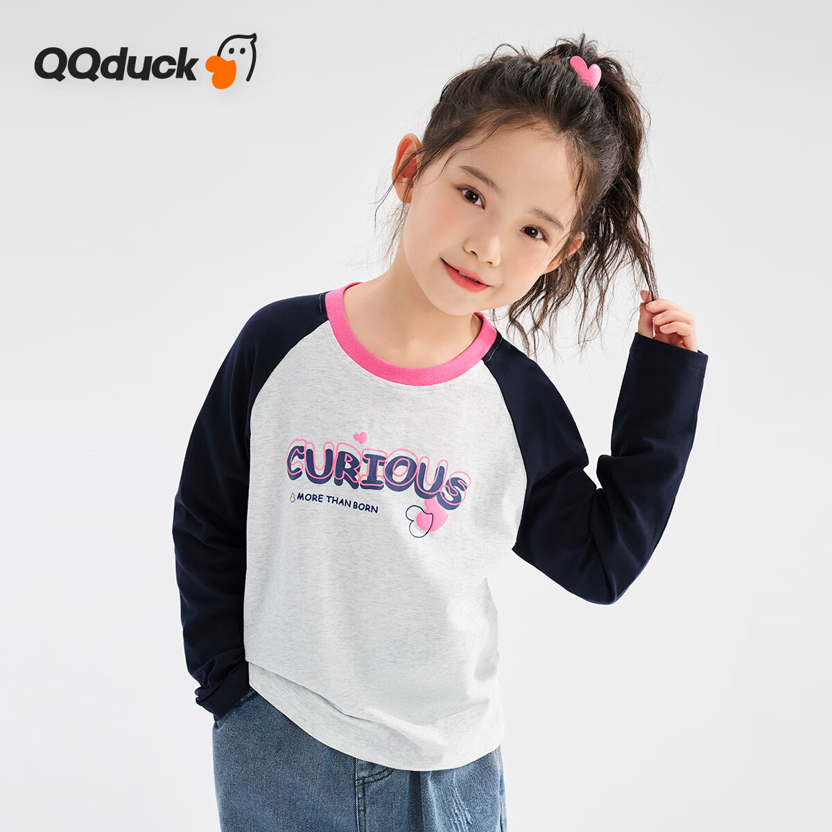 Детская футболка QQ DUCK с длинным рукавом для девочек, повседневная, для студентов, с круглым вырезом, серая, размер 160