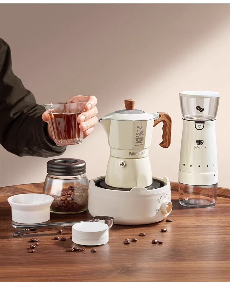 TEOTM Moka Pot with Dual Valves, Home-Use Italian Manual Coffee Maker, Hand Grinder Coffee Brewing Equipment Set 8