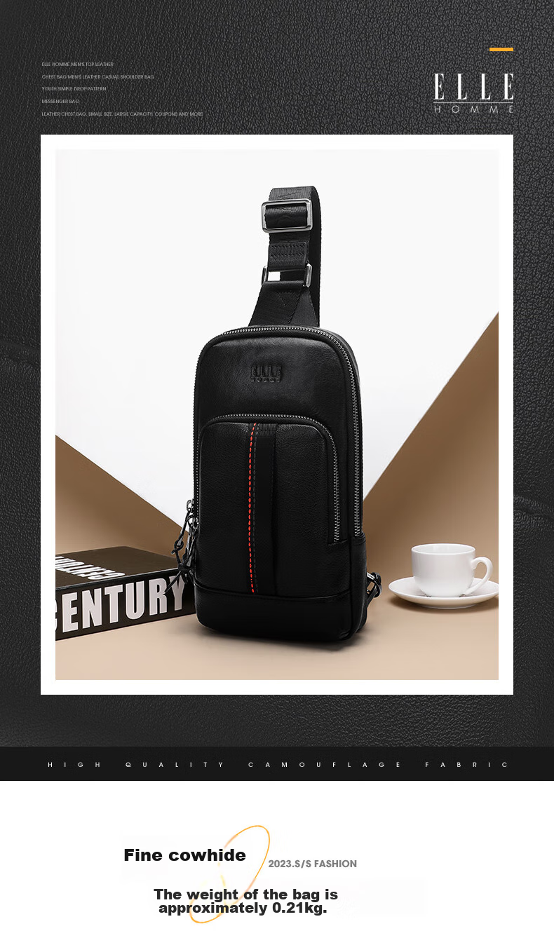 ELLE HOMME Fashion Men's Chest Bag, Casual Top-Grain Leather Shoulder Crossbody Bag, Trendy Men's Bag 04280 Black 1