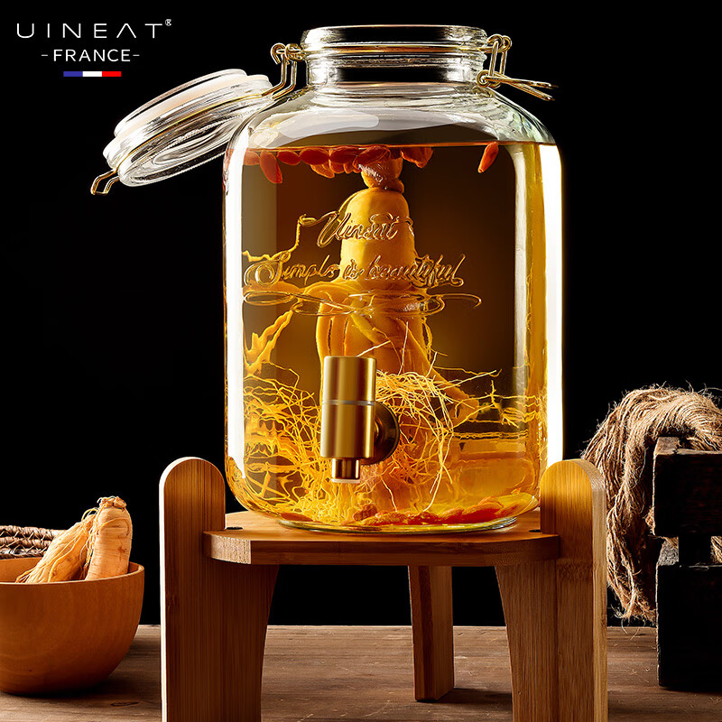 UINEAT Glass Sealed Wine Brewing Container with Tap and Base, 10 Jin Storage Jar