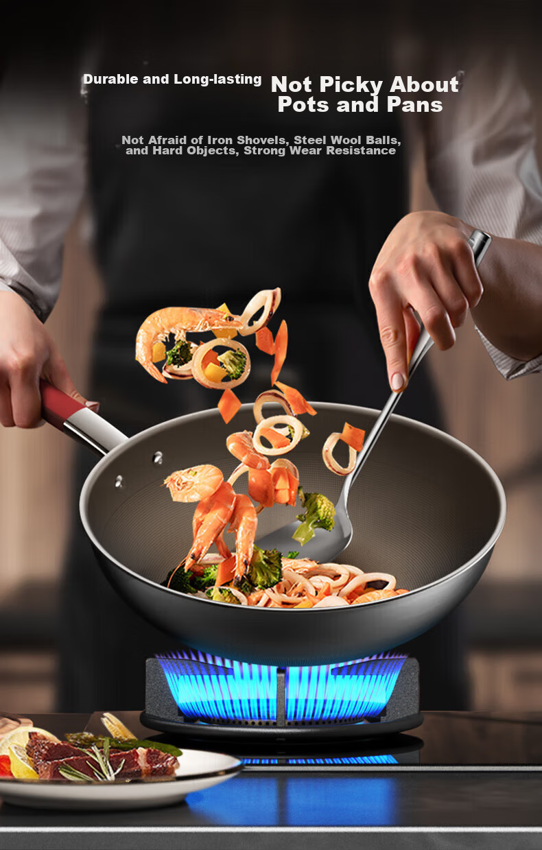 Kobach Pure Titanium Wok, Non-Stick Pan, Frying Pan, Flat Bottom Pan, Uncoated Titanium Pan, Compatible with Induction And Gas Stoves, 30cm 11