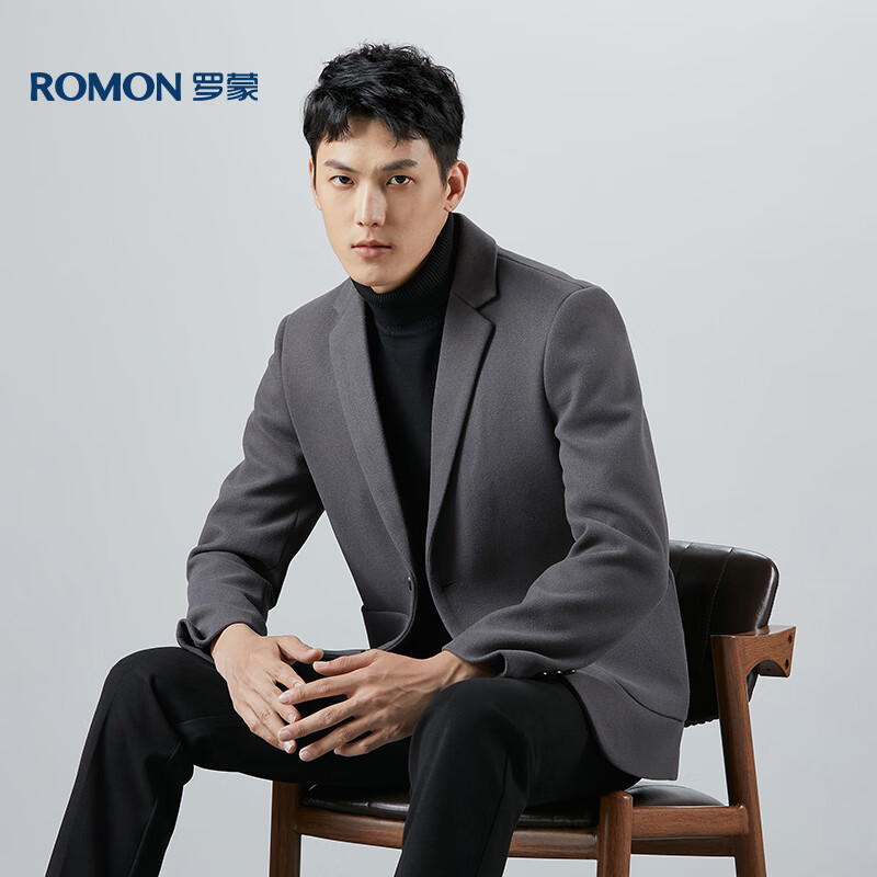 Romon Wool Blend Men's Suit Spring Autumn Business Casual Blazer Thick Coat Outerwear Men's 85XF Gray 3XL