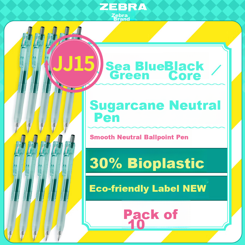 ZEBRA Bio Bamboo Exam Pen, 0.5mm Transparent Eco-Friendly Bamboo Shaft, JJ15 Stylish Exam Writing Retractable Gel Pen, Sea Blue Green Shaft (Black Ink), Pack of 10