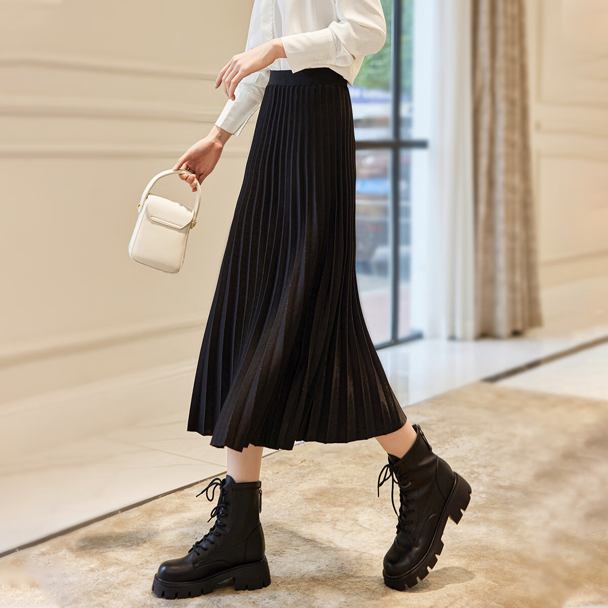 Dme Elastic Waist Casual Elegant Pleated Skirt, Black, Size M