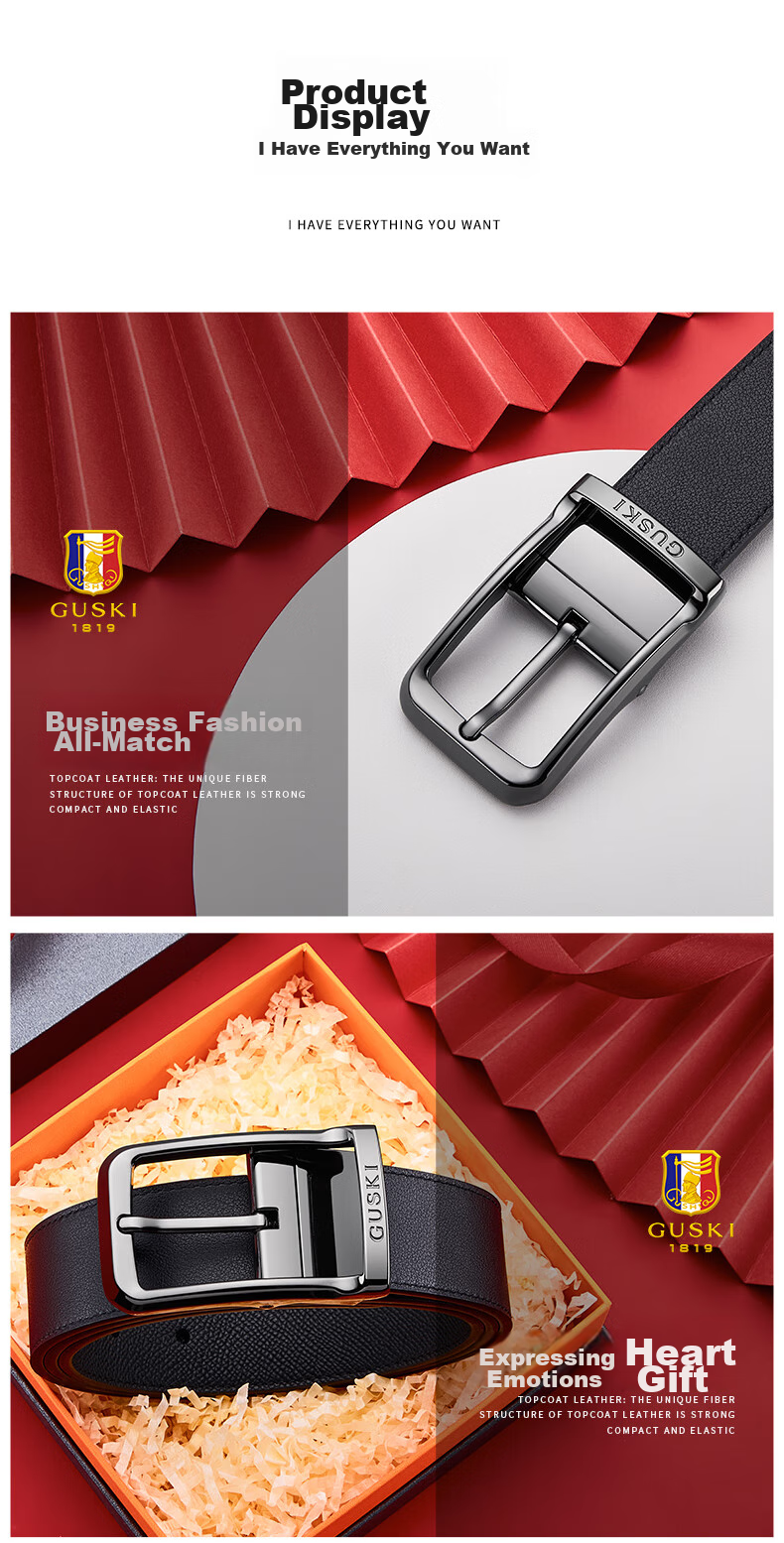GUSKI Brand Men's Genuine Leather Belt, Gift Box with Rotating Pin Buckle, Birthday Present for Boyfriend Or Husband 14